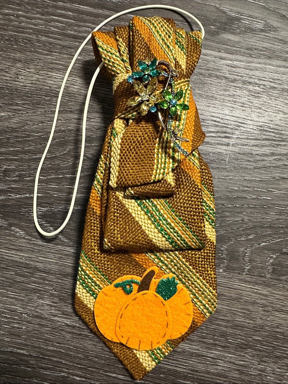 Orange and Green Striped Necklace Tie with Pumpkin Accent and Floral Brooch